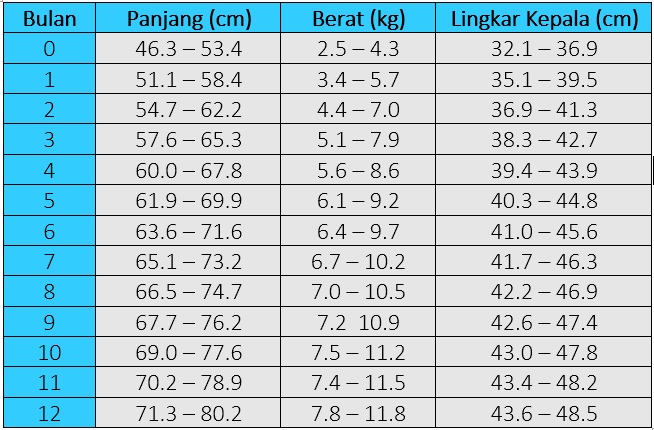 tabel perkembangan panjang dan berat normal bayi laki-laki